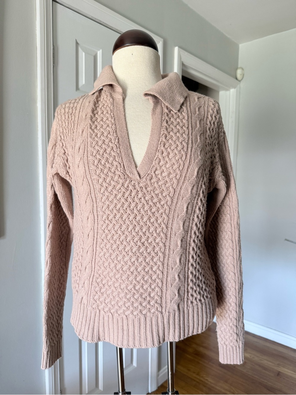 Jason Wu Blush Pink Collared V-Neck Cable Knit Sweater